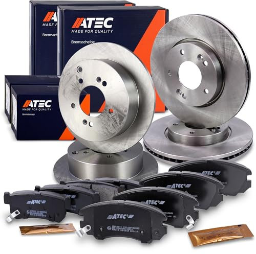 ATEC GERMANY Juego de frenos incl. discos de freno delanteros Ø 280 mm ventilados + traseros Ø 284 mm macizos + pastillas de freno Compatible con HYUNDAI TUCSON, KIA SPORTAGE