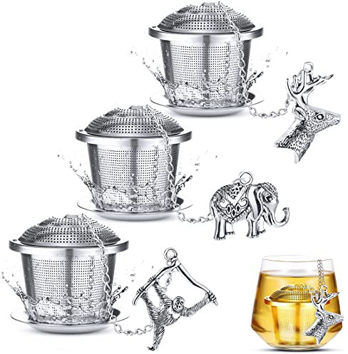 3 Sets Tea Infusers Steeper for Loose Leaf Tea Holder Stainless Steel Tea Ball Mesh Strainer Filters with Drip Trays and Pendant(Animal Style)