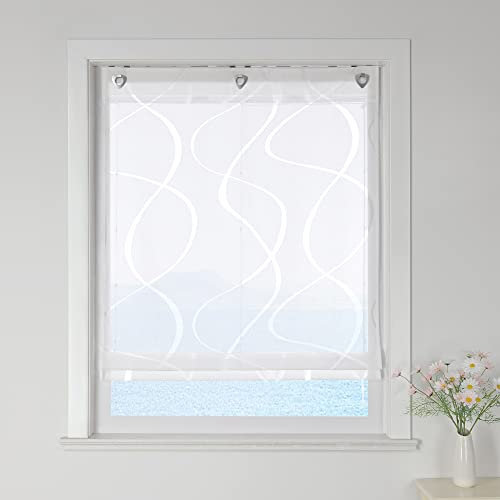 ESLIR Raffrollo ohne Bohren Raffgardine Ausbrenner Ösenrollo Wohnzimmer Gardinen Küche mit Ösen Transparent Modern mit Wellen Muster Weiß BxH 80x140cm 1 Stück