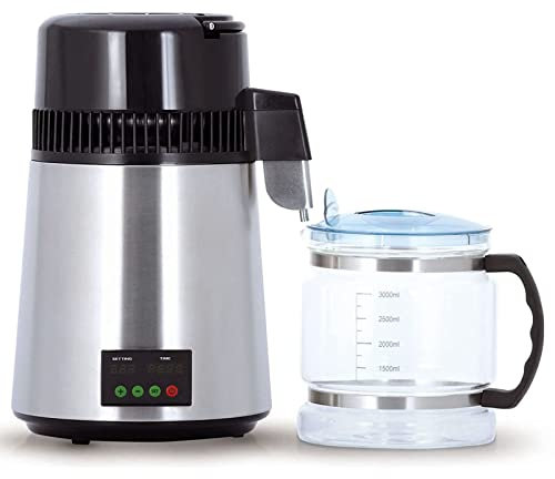 Water Distiller 4L 750W Barrel Volume, 1L/H Water Purification Distiller with Glass Container, Silver for Kitchen Offices, Labs, Hospitals, Dental Clinics, Etc.