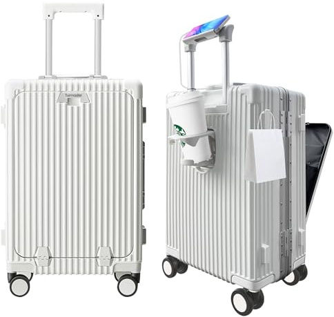 Turmaster Patented Airline Genehmigt Handgepäck mit Spinner-Rädern, 20 Zoll Koffer mit Aluminiumrahmen, integriertes TSA-Schloss, mit USB-Anschluss & Tasse, Handy-Halterung Reisekoffer (Weiß)