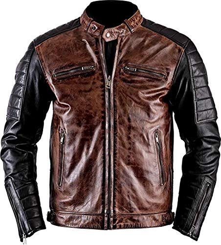 AKSAH FASHION Motorradjacke für Herren, antikes Leder, Vintage-Stil, Schwarz und Braun, Schwarz / Braun, XXL