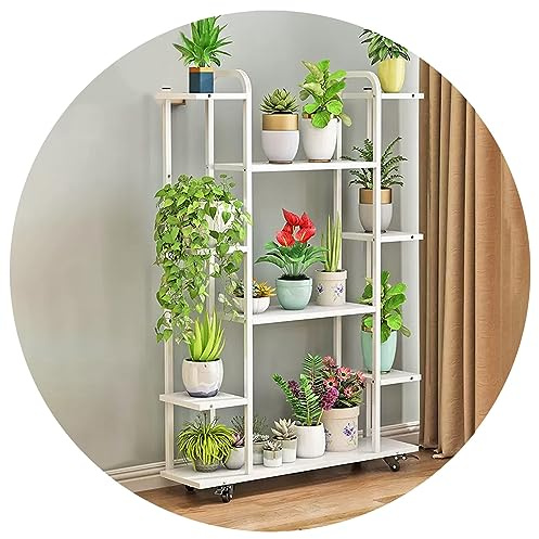 LIGUOYI Support À Plantes En Métal, Étagère À Fleurs À 6/5/4 Niveaux Fleurs Escalier Présentoire, Noir Blanc Porte Pots De Plante Fleurs Avec Barre De Suspension Et Roues Pour Maison, Bureau