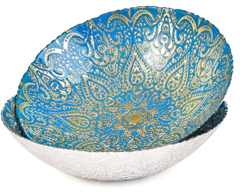 Sungmor 2PC 12.5in Moroccan Large Thick Glass Fruit Bowls - Blue Gold | Beautiful Centerpiece Snacks Bowl, Salad Mixing Bowl, Kitchen Counter Display Tray for Breads, Vegetables