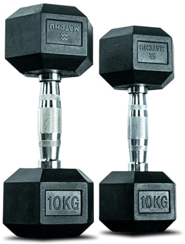 MATCHU - Hexagon Hantel - Hexagon Dumbbells - Hexagon Kurzhanteln Set - 10 KG - Satz Von 2 - Gummi - Verchromter Griff - Schwarz