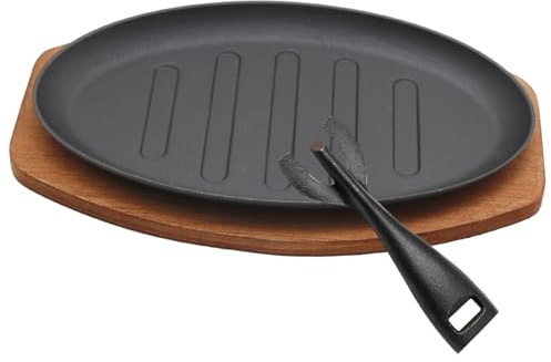 Cast Iron Steak Plate Sizzle Griddle, Round Shape Grill Fajita Server Plate, with Wooden Base Steak Pan, Household use or Restaurant Supply (10 Diameter)