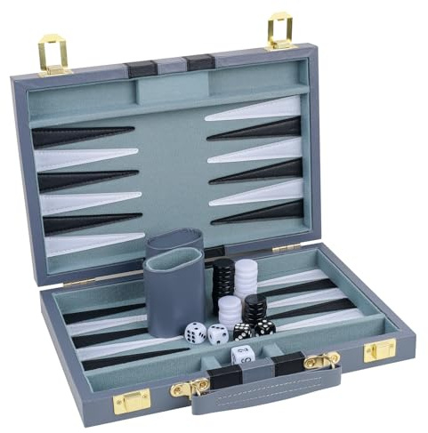 RERIVER Backgammon Set med 2 spelare, klassiska Backgammon set för vuxna, brädspel med premium läderfodral, bärbart och resebackgammon-set (grå, 28,9 cm)