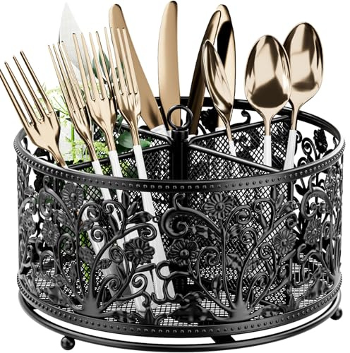 YIUKEA 360° Rotating Utensil Caddy - Silverware Cutlery Caddy Holder with 4 Compartment, Metal Flatware Organizer Countertop with Handle for Party Camping Picnic, Kitchen Counter, Office (Black)
