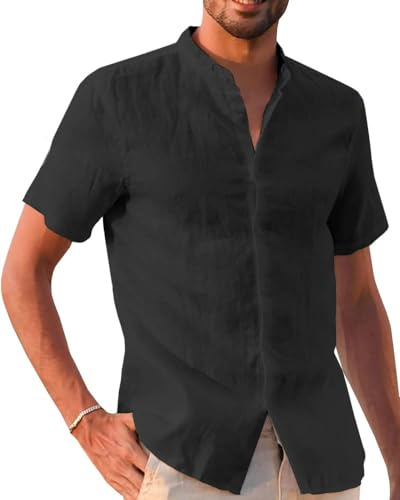 Runcati Camicia in lino, da uomo, a maniche corte, per il tempo libero, vestibilità normale, da spiaggia, tinta unita, casual, Nero , L