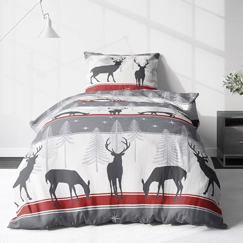 LINKHOFF Biber Bettwäsche 135x200 - Weihnachtsbettwäsche Cozy Christmas - 2tlg. Winterbettwäsche in Rot Grau - 100% Baumwolle - Weihnachts Bettwäsche Hirsch