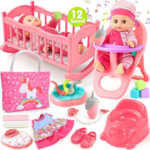 Tacobear Baby Doll Accessories Playset, 30cm Baby Born Doll Toys, 20Pcs Pretend Play Feeding &Care Set Crib/High Chair/Diaper/Bottle/Handbag/2 Clothes Toddler Toys Doll Gifts for Kids Girls 3 4 5 6