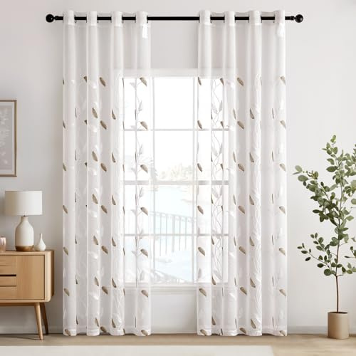 EMEMA Voile Vorhang Wohnzimmer mit Ösen Transparente Blätter Muster Schöne Stickerei Gardinen Fenster Vorhang 2er Set Modern Schlafzimmer Vorhänge Jeder H 225 X B 140 cm Blätter Braun