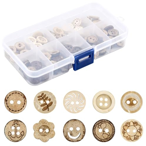 Lot de 100 boutons ronds en bois de coco faits à la main - Boutons de bricolage naturels - 2/4 trous - Assortiment pour bricolage, tricot, couture, cardigans, vêtements, peinture, décoration, boutons