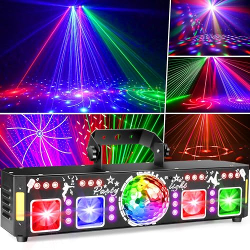 Immver Disco Lights, 5 in 1 DJ Stage Lights, with 3D RGB Animation, Sound Activated, Black Light, Compatible with DMX 512 Controller, Disco Ball Light for Halloween/Wedding Parties/Nightclubs