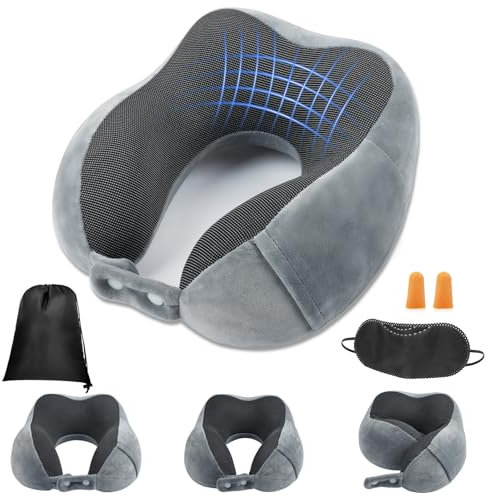 flintronic Almohada Viaje para Cuello, Almohada Cuello Viscoelastica de Espuma Memoria, Almohada de Suave y Ajustable Apoyar la Cabeza para Coche, Oficina, con Máscara de Ojos, Tapones y Bolsa (Gris)