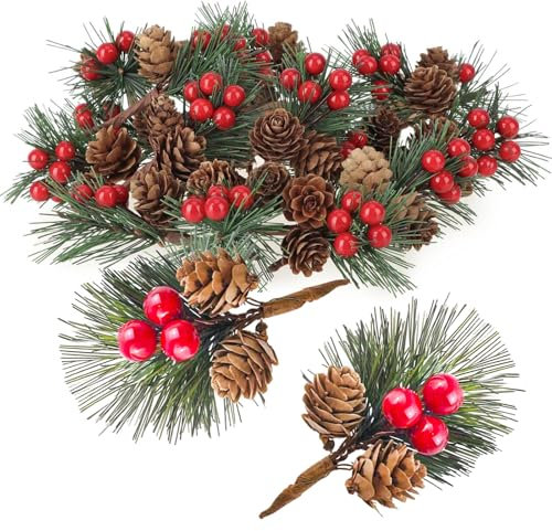 WJWINER Bayas de Navidad, 20 Piezas Ramas de Abeto Artificial con Bayas y Piñas, Ramas de Pino Navideña Artificial, para Arreglos Florales Navideños para Regalos, Coronas y Decoraciones Nnavidad
