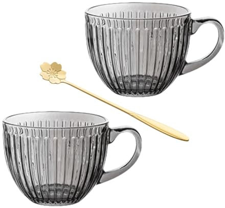 Tazze da caffè in vetro con manico, tazze da caffè trasparenti con cucchiaio, set di bicchieri per bar, bicchiere da 425,2 g per cappuccino, bevande calde e fredde, grigio, 2 pezzi a coste