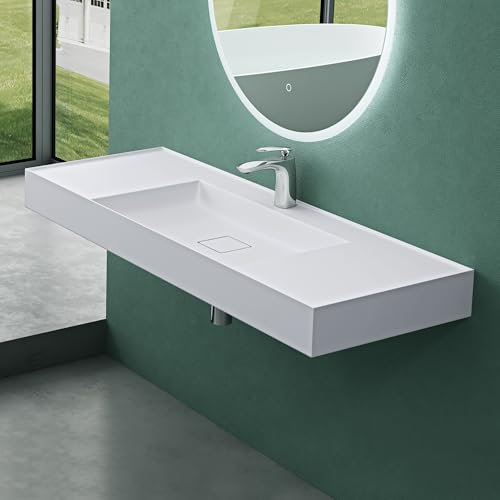 Mai & Mai Lavabo sobre Encimera Lavabo Suspendido Baño Rectangular | Blanco Mate | Mármol Fundido | 120x46x12cm | con Orificio para Grifo y Válvula de Desagüe | Colossum630