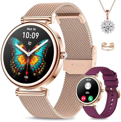 Kleine Smartwatch Damen(２Band+Halskette+Ring) 1,27 Fitnessuhr mit SpO2 Herzfrequenz Schlafmonitor Schrittzähler, Fitness Tracker mit 120+Sport Modi für iOS Android, Damen Uhr Smartwatch Rosegold
