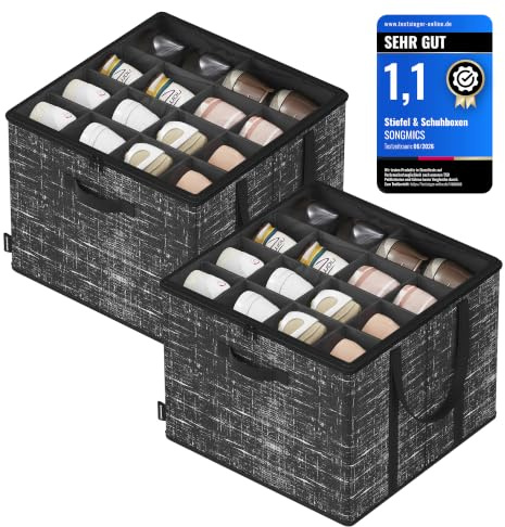 SONGMICS Organizer Scarpe, Set di 2, Ciascuno per fino a 16 Paia, Scatole Contenitori Scarpe, Maniglie, Coperchio Trasparente, per Camera da Letto Ingresso Armadio, Nero Inchiostro LSP602B01