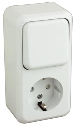 Base schuko con interruptor de superficie, ideal para conexiones seguras y control de energía en instalaciones eléctricas.