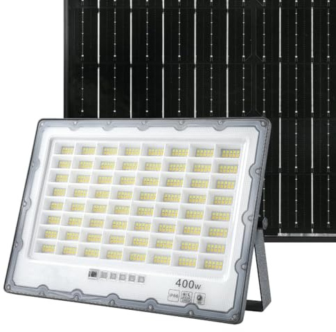 Proyector LED solar 400W IP65 gris, alta eficiencia, resistente al agua, ideal para iluminación exterior y seguridad.