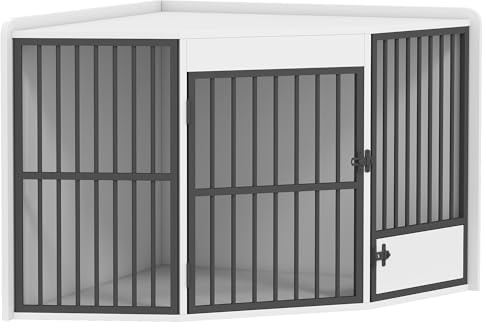 PawHut Eck-Hundekäfig Hundebox für Zuhause, Abschließbare Hundehütte Indoor mit drehbare Fütterungstür Hundehaus für kleine/mittlere Hunde Weiß 113 x 80 x 64 cm