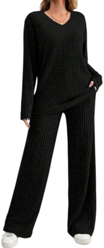 DURINM Conjunto Punto Mujer 2 Piezas Casual Ropa Verano Manga Corta de Punto y Cómodo Pantalon Suelto Moda Conjuntos Loungewear Deportivo Invierno Yoga Fitness Mujer Vestir Dos Piezas