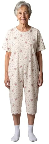 Confezioni_Emy Pyjama intégral médical été unisexe – Grenouillère adulte coton 100% à manches et jambes courtes – Pyjama dos zip seniors – Taille L - Petite Fleur Rose