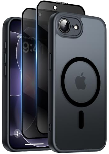 Qasyfanc Funda Magnética para iPhone 17e/16e Compatible MagSafe con 2 Privacidad Cristal Templado Antiespia, Protección de Cámara Carcasa Translúcida Mate Trasera, Fina Antigolpes Negro