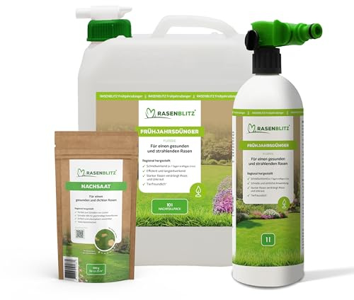 RASENBLITZ Rasendünger Frühjahr flüssig 10 L Flüssigdünger | für sattgrünen Rasen, inkl. 500 g Nachsaat & Sprühflasche, ideal zur Ergänzung zu Rasensamen, am Gartenschlauch
