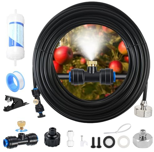 MaxEarn 18M Sprühnebel Kühlung Bewässerungs System, Wasserzerstäuber mit Schlauch und 18 Metalldüsen, Luftbefeuchter für die Kühlung von Terrassen, Garten, Rasen, Gewächshaus Pavillon