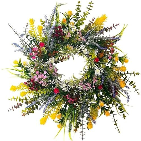 Ghirlanda per porta primaverile, ghirlanda per porta d'ingresso da 17, 7 pollici con lavanda e margherite - Decorazione floreale pasquale per parete del portico, camino, decorazione per interni ed est