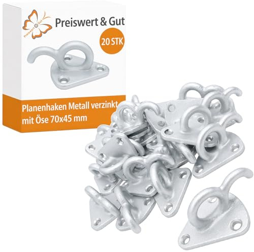 Preiswert&Gut 20 STK Planenhaken mit Öse für Anhänger 70 x 45 mm Metall | Robuste Spannhaken und Zurrhaken zur Befestigung von Anhängernetzen oder Planen aus feuerverzinktem Gusseisen