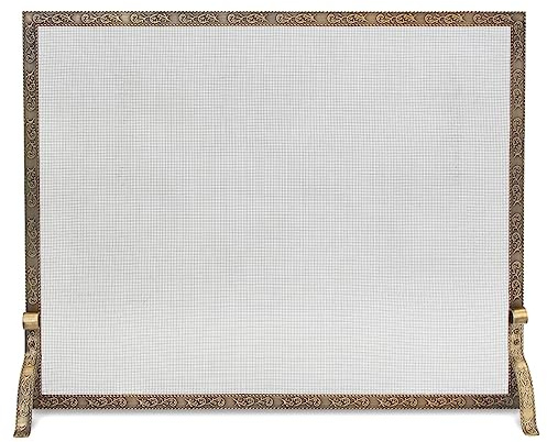 Pilgrim Home and Hearth 18254 Bay Branch Embossed Single Panel Fireplace Screen, Antique Brass