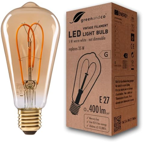 greenandco Bombilla de filamento LED Vintage E27 ST64 5W (corresponde a 35W) 400lm 2000K (blanco cálido) 360° 230V vidrio, sin parpadeo, no regulable