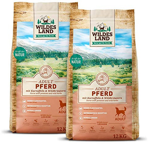Wildes Land - Nr. 3 Pferd - 24 kg - mit Kartoffeln und Wildkräutern - Glutenfrei & Hypoallergen - Trockenfutter für Hunde - Hundefutter mit hohem Fleischanteil Hohe Verträglichkeit
