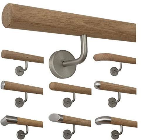TIBU Holz Handlauf Eiche unbehandelt Geländer Wandhandlauf Treppe Wand 30-500cm mit gewinkelten Edelstahl Halter, Länge: 3500 mm mit 5 Halter - Enden:gefast