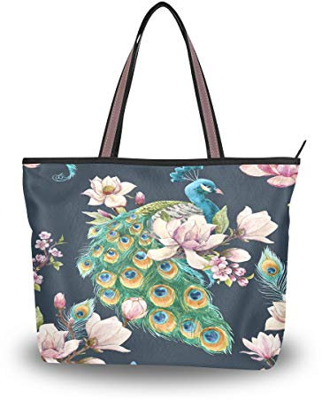 BKEOY große Damen-Handtasche, Schultertasche, Laptoptasche, Frühling, Blumenmuster, Pfau, Aquarell, Tragetasche, Reißverschluss, Shopper, Organizer, Gepäck, Mehrfarbig - multi - Größe: Large