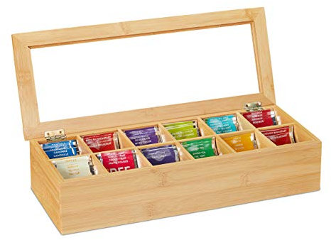 Relaxdays Scatola Porta Tè e Tisane, 12 Scomparti, Cofanetto con Finestrella, Organizer 9 x 41 x 16 cm, Bambù Naturale
