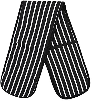 Heat Resistant Cotton Double Oven Traditional Still Modern Stripe Quilted Gloves Pot Holder For Home Kitchen Baking (Black)