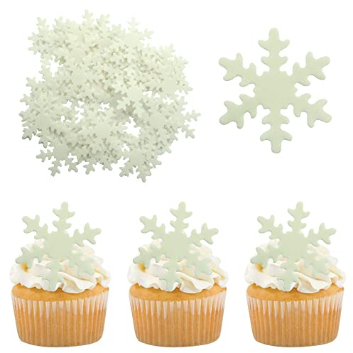 Gyufise 50Pcs White Edible Cupcake Toppers Snowflakes Cake Decoration for Christmas Winter Frozen Birthday Party Supplies