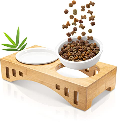 giriniwee Qualitäts Futter Bar mit Zwei super flachen 250ml Porzellannäpfen im Bambusgestell, erhöhte Doppelschale für Katzen, Kitten, kleine, Mini oder Zwerghunde, Toy Dogs & andere kleine Haustiere
