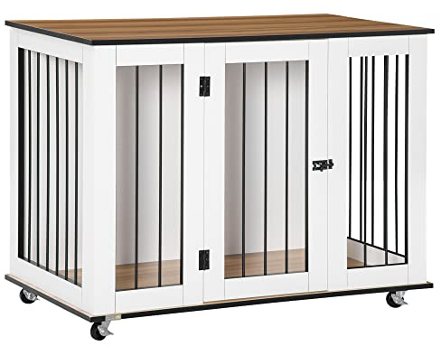 PawHut Dog Crate Furniture End Table w/Lockable Door, for Large Dogs - White