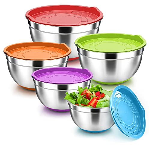 Herogo Rührschüssel, 5-Teilig Edelstahl Salatschüsselset mit Bunten Deckel & Rutschfester Silikonboden, Schüssel Metallschüssel Set zum Backen, Rostfrei & Spülmaschinenfest (4,5/2,7/1,5/1,2/0,7 L)