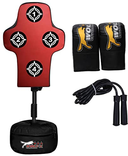 Wolfx Body Targeted FREE STANDING Punch bag Set Freestanding Bag + Gloves - Punching Heavy Duty Adjustable Speed Reflex Training Bag Plus Boxing Gloves, Workout Punch Set for Home Gym (Red)