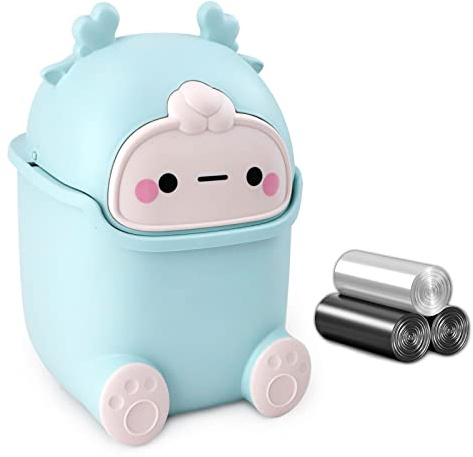QLFJ-FurDec Cute Desktop Trash Can Wastebasket with 90 Trash Bags, Creative Tiny Countertop Garbage Can with Flip Lid, Small Plastic Storage Bin for Bedroom, Bathroom, Kitchen, Office(Sky Blue)