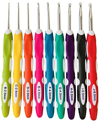 Ericotry 9 Pieces Crochet Hooks Ergonomic Ergonomic Crochet Hooks Set Soft Grip Handle Knitting Needles Craft Making Tool for Arthritic Hands Size B to J 2.0mm-6.0mm