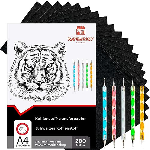 Raimarket 200 Blätter Schwarzes Kohlepapier, Transferpapier | Zeichnen von Entwürfen mit pauspapier | Premium-Qualität Graphitpapier