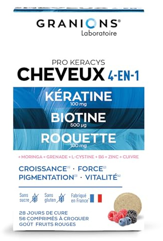 GRANIONS PRO KERACYS - beauté, croissance & pigmentation du cheuveux - Biotine, Kératine, L-Cystine, Vit C, D3, E, Zinc, Cuivre - 56 comprimés à croquer - Fabriqué en France - format 28 jours